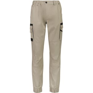 Cuffed work pants in a light khaki colour, featuring side pockets and a logo. Ideal for outdoor and work settings.