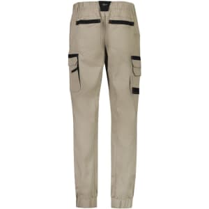 Men's cuffed work pants in beige with multiple pockets and black detailing. Features an elastic waistband and a logo.