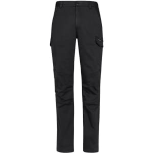 A pair of black work pants featuring cargo pockets and a branded logo.