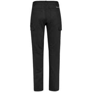 Black work pants featuring a cargo style with multiple pockets and an elastic waistband. Includes branding on the back.