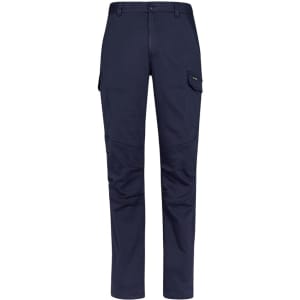 Navy work pants featuring cargo pockets and a fitted design, showcasing a logo on the front.