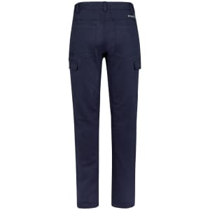 Navy work pants featuring a back view, with cargo pockets and an elastic waistband. Includes a logo on the rear.