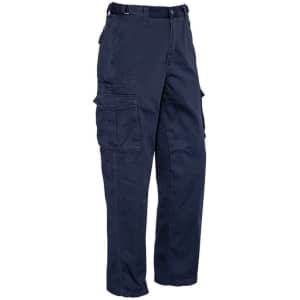 Navy blue cargo pants with multiple pockets and a belt loop, featuring a logo on the waistband.