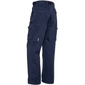 Men's basic cargo pant in navy, featuring multiple pockets and a sturdy design. Includes branding on the fabric.