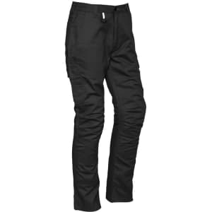 Men's rugged cargo pants in black, featuring multiple pockets and a sleek design, with a logo on the waistband.