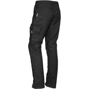Black men's rugged cooling cargo pants featuring multiple pockets and a fitted design. Includes a logo.
