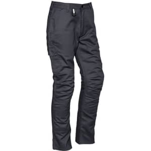 Men's rugged cargo pants in dark grey, featuring multiple pockets and a sleek design. Includes a logo on the waistband.