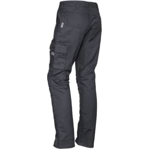 A pair of men's rugged cargo pants in dark grey with multiple pockets and a branded logo.