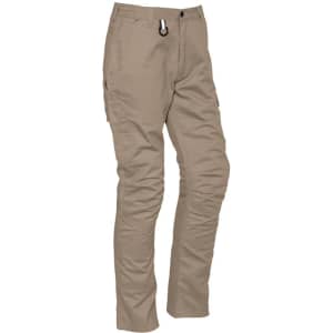 A pair of stout men's cargo pants in a light beige colour with several pockets and a branding logo.