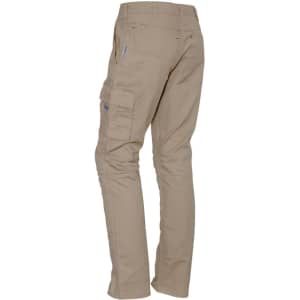 Men's rugged cargo pants in a light beige colour, featuring multiple pockets and a fitted design. Includes a logo.