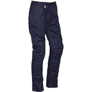 Navy rugged cargo pants with multiple pockets, featuring a logo on the waistband. Ideal for outdoor activities.