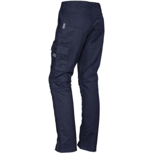 Navy rugged cargo pants featuring multiple pockets and a fitted design. Includes a logo on the side.