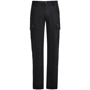 Men's lightweight drill cargo pants in black with multiple side pockets and a logo tag.