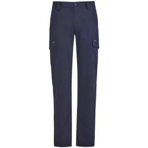 A pair of navy lightweight drill cargo pants with side pockets and a logo.