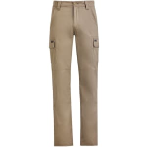 Light brown lightweight drill cargo pants featuring multiple side pockets and a logo on the front.