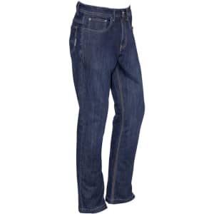 Men’s stretch denim work jeans in a dark blue hue, featuring a classic five-pocket design and a small logo.