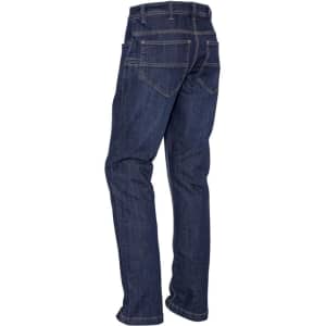 Men's stretch denim work jeans in a dark blue wash, featuring a classic five-pocket design and a fitted silhouette.