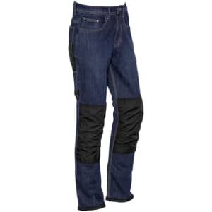 Men's CORDURA® stretch denim work jeans in dark blue with black knee panels and pockets. Suitable for workwear.
