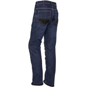 Mens CORDURA® stretch denim work jeans in dark blue, featuring a black panel and a logo on the back.