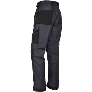 A pair of dark grey multi-pocket work pants with various pockets and a black panel on the back.
