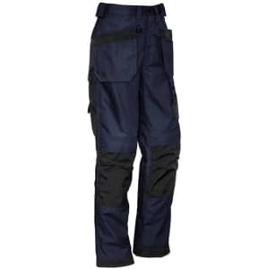 A pair of navy blue and black multi-pocket work pants with various pockets and adjustable waist features.