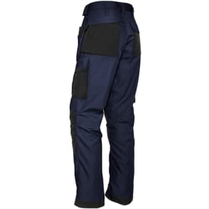 Navy multi-pocket work pants featuring a durable design and various pockets, with black detailing on the back.