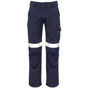 Navy cargo pants featuring reflective stripes and side pockets, with an orange logo on the side.