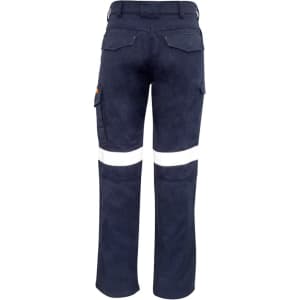 Mens cargo pants in navy blue with reflective white taping and rear pockets. Features an elastic waistband and branding.
