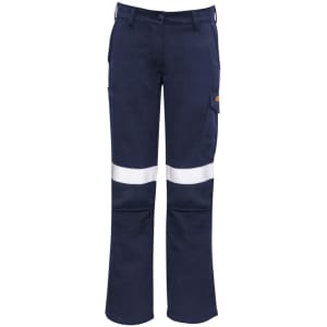 Navy cargo pants with reflective tape detail, featuring multiple pockets and a fitted design. Includes a logo.