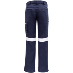 A pair of women's cargo pants in orange and navy, featuring white taped detailing and a logo.