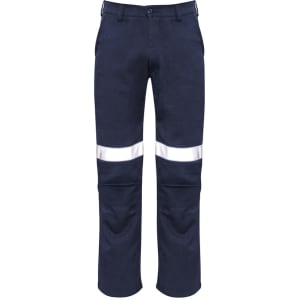 Men's navy work pants featuring reflective tape stripes and a traditional style. Designed for workwear use.