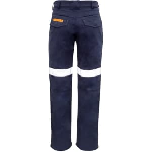 A pair of navy blue work pants featuring white reflective tape and a branded tag.