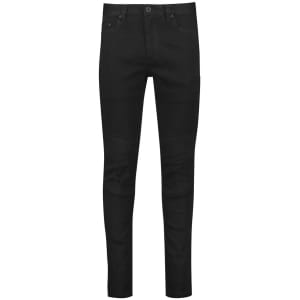 A pair of black stretch jeans with a fitted design and multiple pockets, featuring a logo on the waistband.