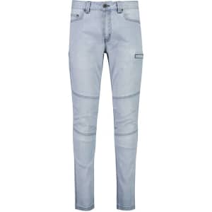 A pair of light blue stretch jeans with a slim fit and cargo pocket detail, featuring a waistband and stitching.