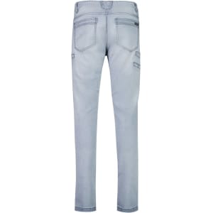 Light blue stretch jeans featuring multiple pockets and a logo. Ideal for workwear as part of a practical outfit.