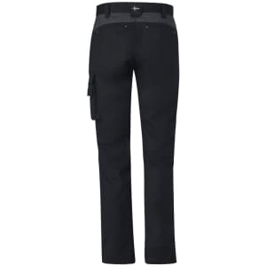 Black work pants with a cargo pocket, featuring a logo on the back. Ideal for tough outdoor tasks.
