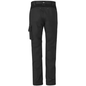 A pair of black work pants featuring a cargo pocket and a waistband. The pants have a sleek, durable design.
