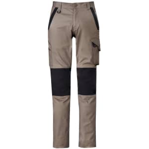 Men's work pants in tan and black, featuring pockets and a logo. Designed for durability and functionality.