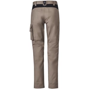 A pair of beige work pants featuring cargo pockets and a black waistband. The back view is displayed.