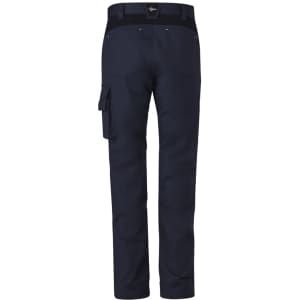 A pair of navy work pants featuring side pockets and a waistband with a logo.