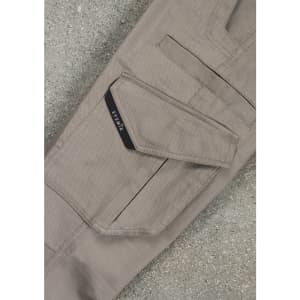 Men's rugged cooling stretch cargo pants in a beige colour, featuring multiple pockets and a branded logo.
