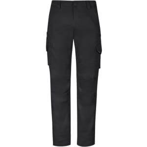 A pair of black cargo pants with side pockets, featuring a classic fit and a logo.