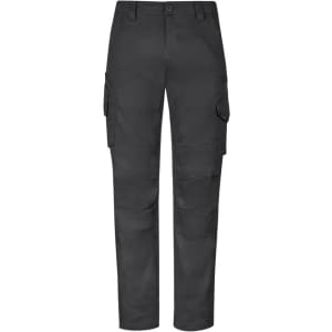 Men's rugged cargo pants in dark grey with multiple side pockets and a sleek design. Features a logo on the waistband.