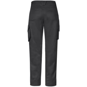 A pair of men's cargo pants in dark grey, featuring side pockets and a back pocket, with a logo visible.