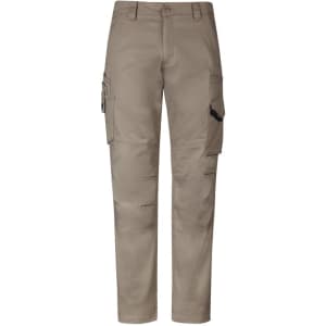 Men's rugged cargo pants in a light khaki colour, featuring multiple pockets and a comfortable stretch design.