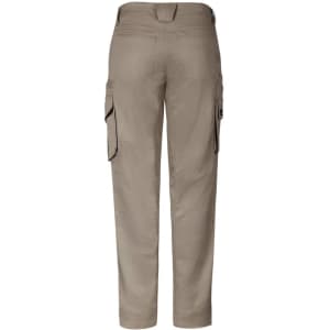 Men's rugged cargo pants in a light khaki colour, featuring multiple pockets and a branded logo.