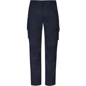 Men's cargo pants in navy blue with multiple pockets and a fitted design. Features branding on the side.