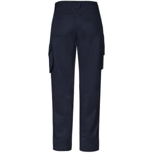 Navy cargo pants with a rugged design and stretch fabric, featuring side pockets and a logo on the back.