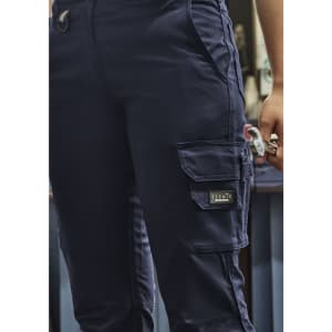 Navy rugged cargo pants featuring multiple pockets and a logo. Suitable for outdoor activities.
