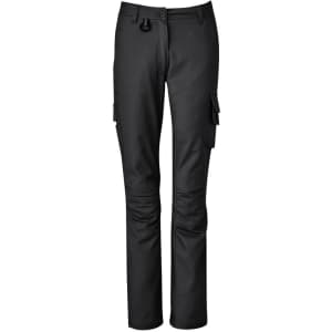A pair of women's rugged cooling cargo pants in black, featuring multiple side pockets and a sleek design.